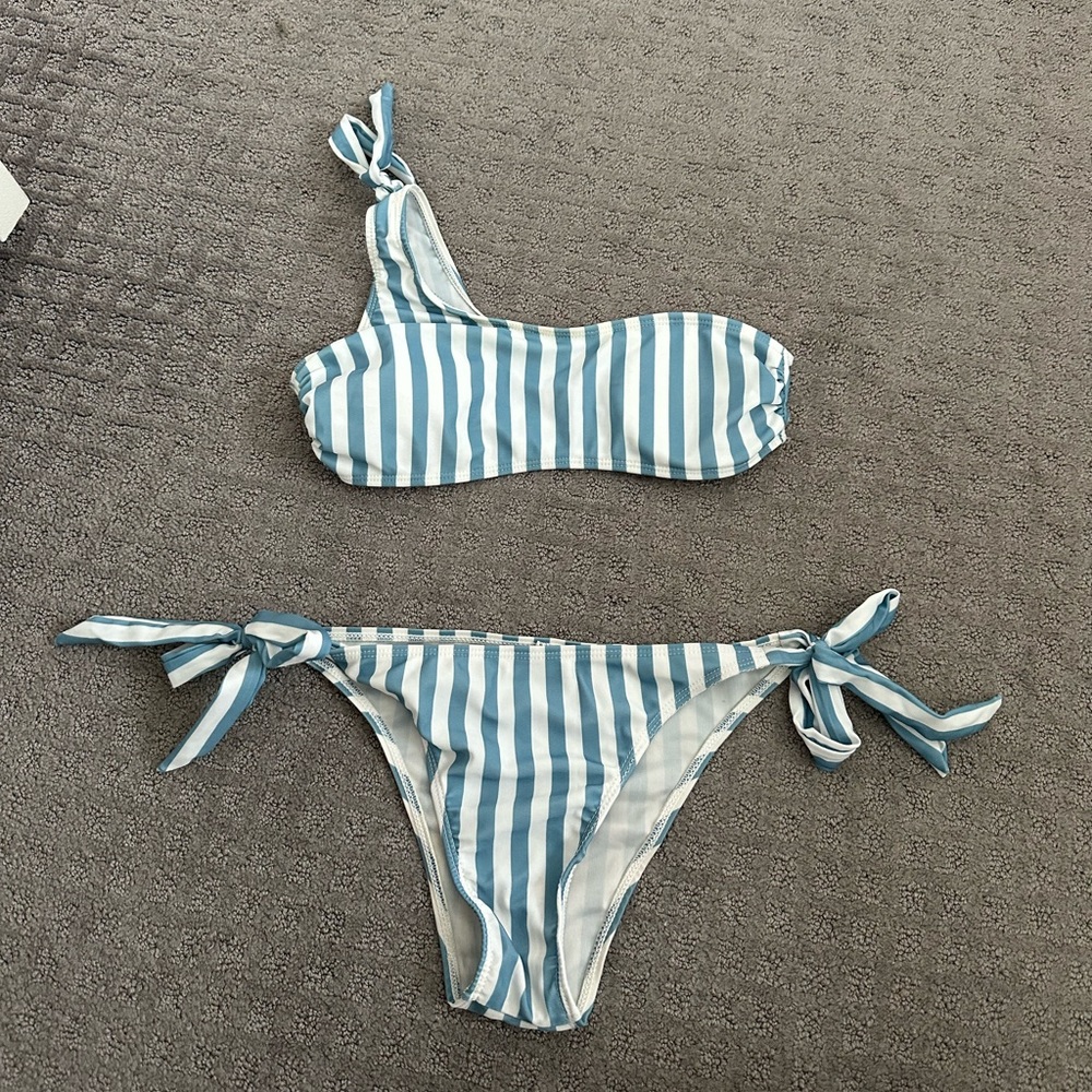 Blue and white striped bikini